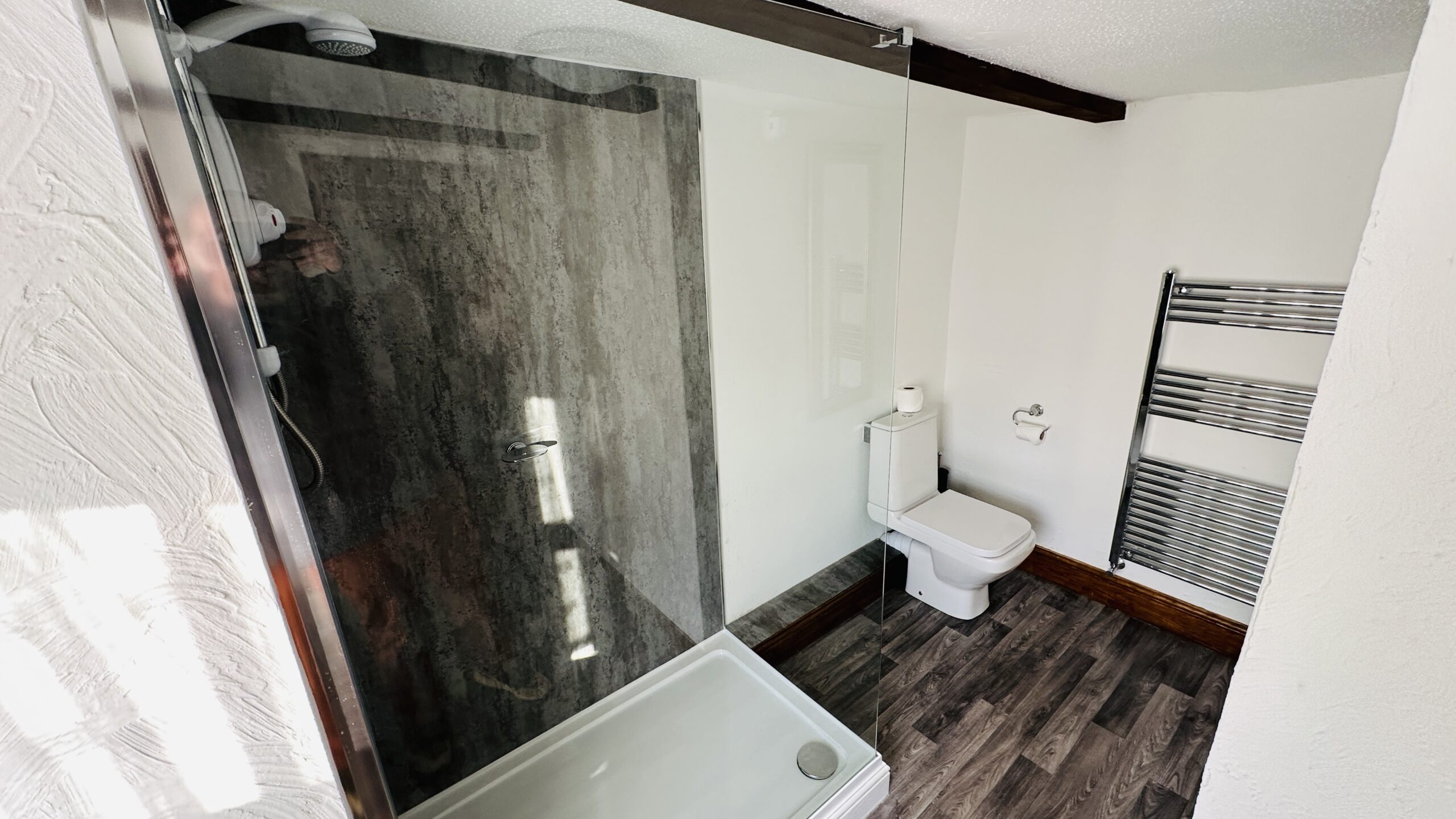 Image of bathroom with toilet and shower.